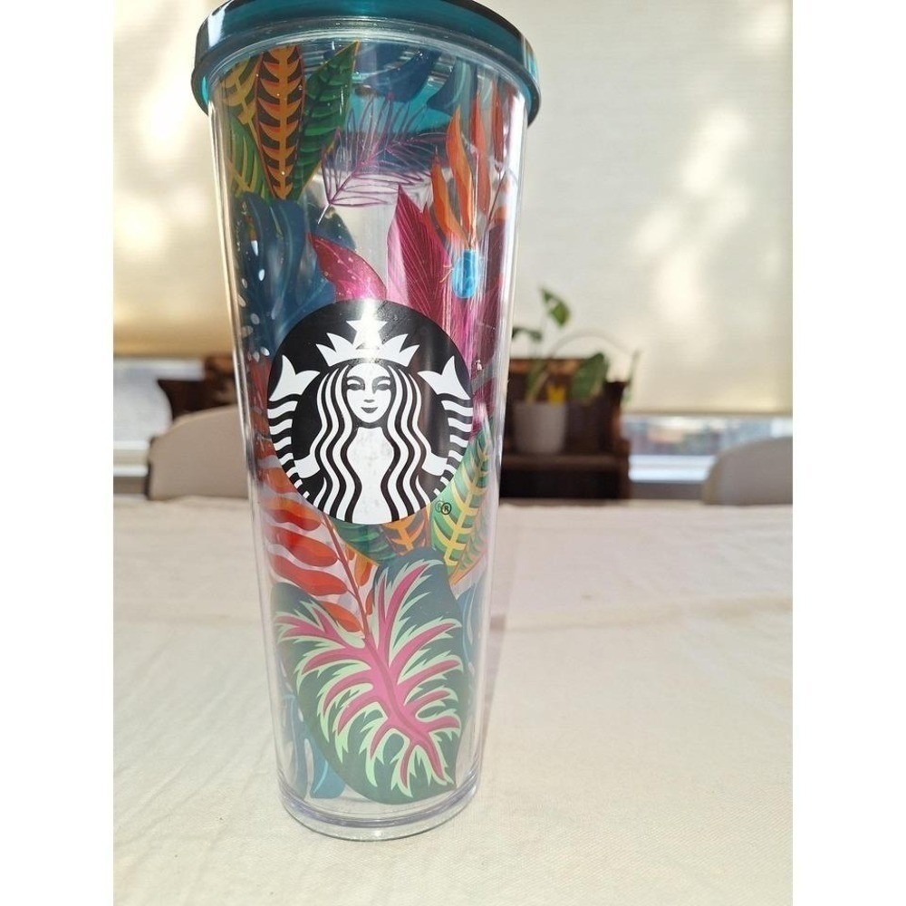 Starbucks Tropical Leaf Cold Cup Tumbler 24oz Acrylic Iced Coffee Teal